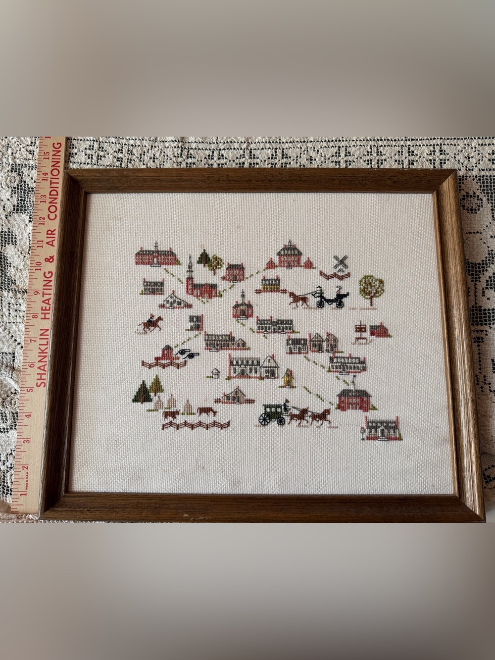 Vintage cross stitch -Stitched Village Embroidery Wall Art - framed
